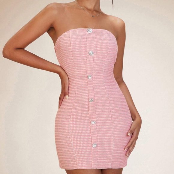 Classy button Front Tweed Bodycon Mini Dress Pink - Picture 5 of 5